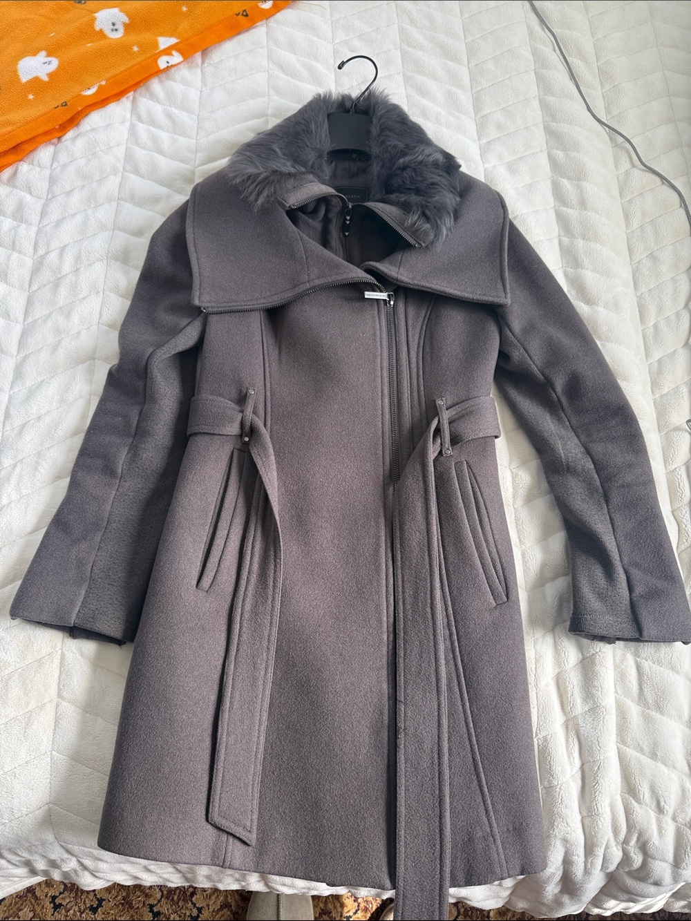 Women's Gray Wool-Blend Coat with Faux Fur Collar